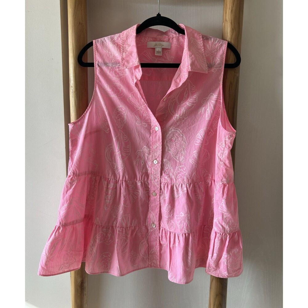 Lilly Pulitzer Pink White Floral Sleeveless Button Front Collared Blouse 14